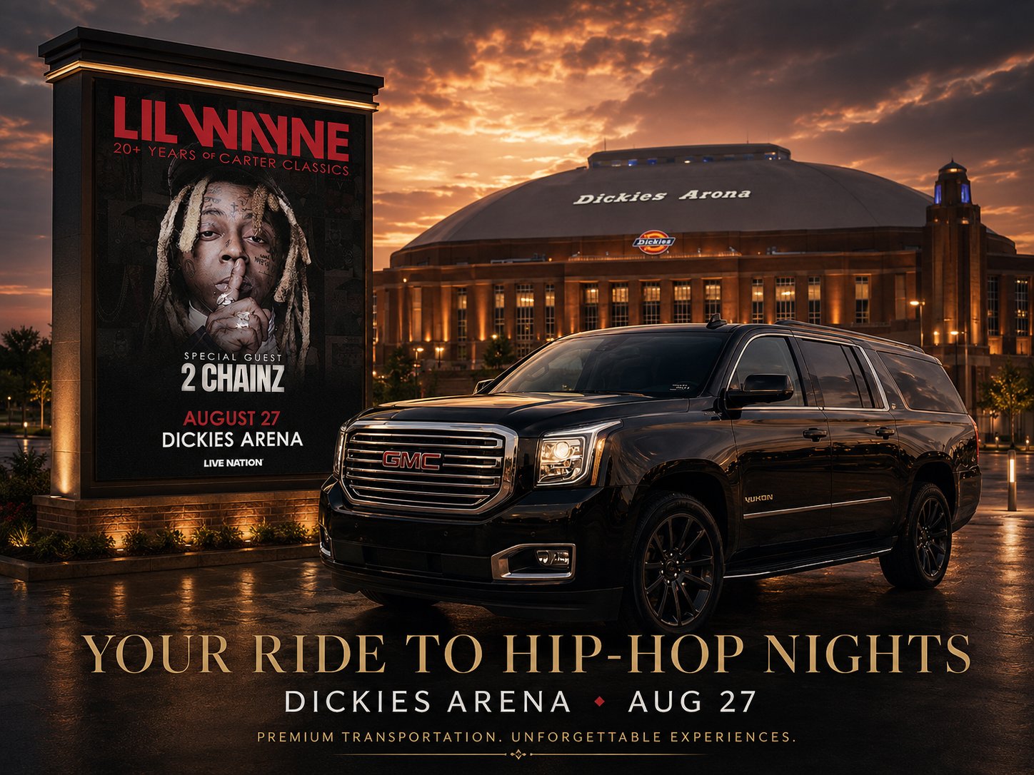 Dickies Arena Fort Worth — black car service for the Lil Wayne 20 Years of Carter Classics concert August 27 2026