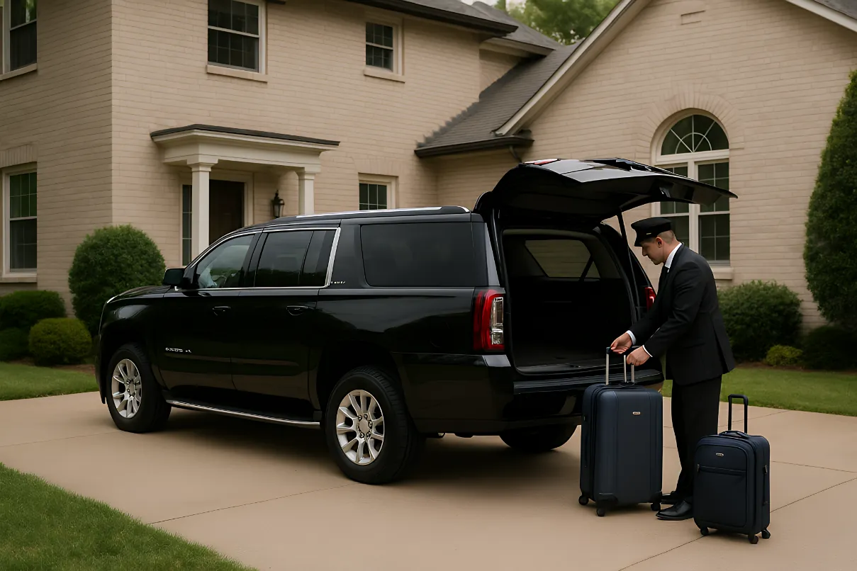 Loading luggage into GMC Yukon XL for early morning airport departure from McKinney Texas