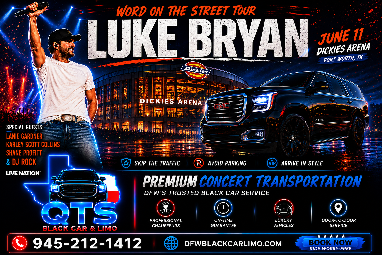 Luke Bryan Word on the Street Tour Dickies Arena Fort Worth June 11 2026 — QTS Black Car concert transportation