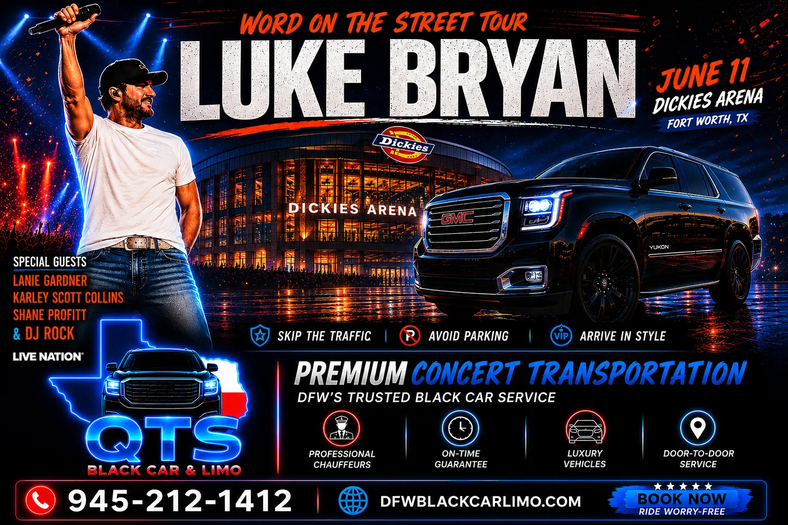 Luke Bryan Word on the Street Tour Dickies Arena Fort Worth June 11 2026 — QTS Black Car concert transportation