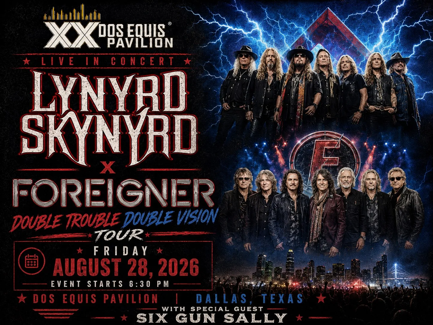 Lynyrd Skynyrd & Foreigner with Six Gun Sally at Dos Equis Pavilion Fair Park Dallas Friday, August 28, 2026 black car service
