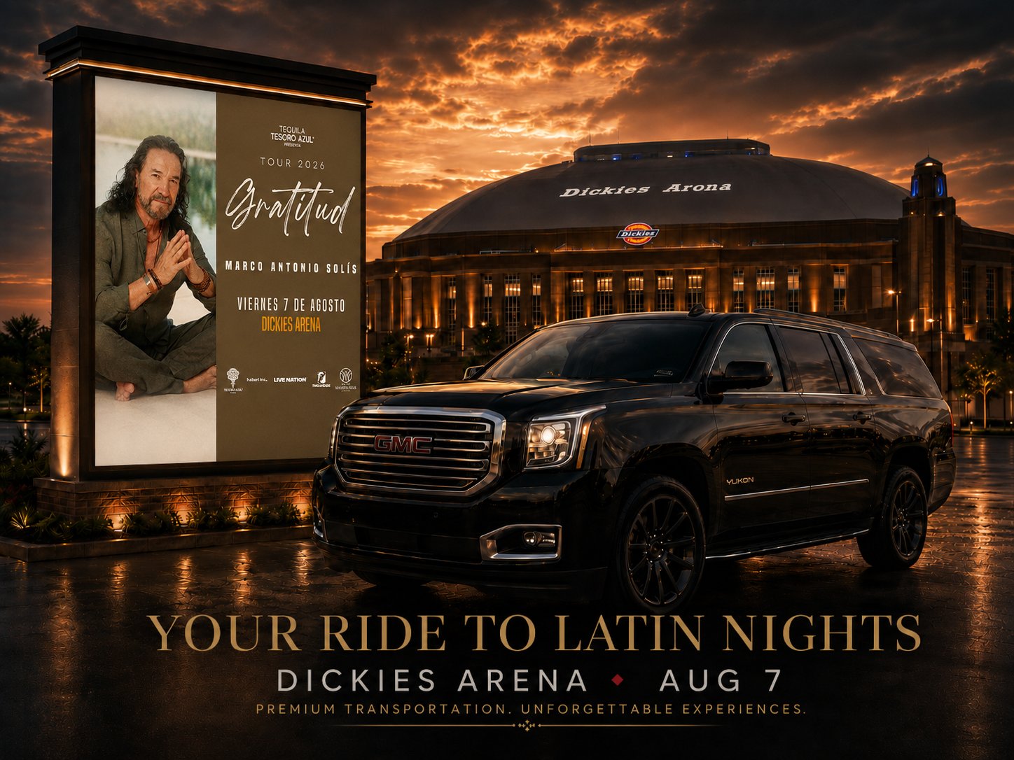 Dickies Arena Fort Worth — black car service for the Marco Antonio Solís Tour Gratitud 2026 concert August 7 2026
