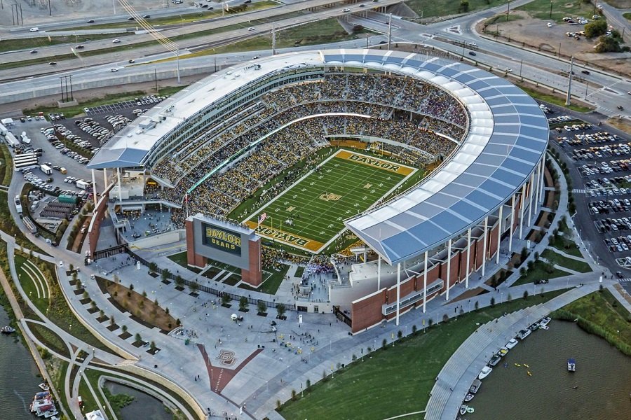 Aerial view of McLane Stadium on the Brazos River in Waco, home of Baylor football — QTS Black Car & Limo transportation for September 2026 events