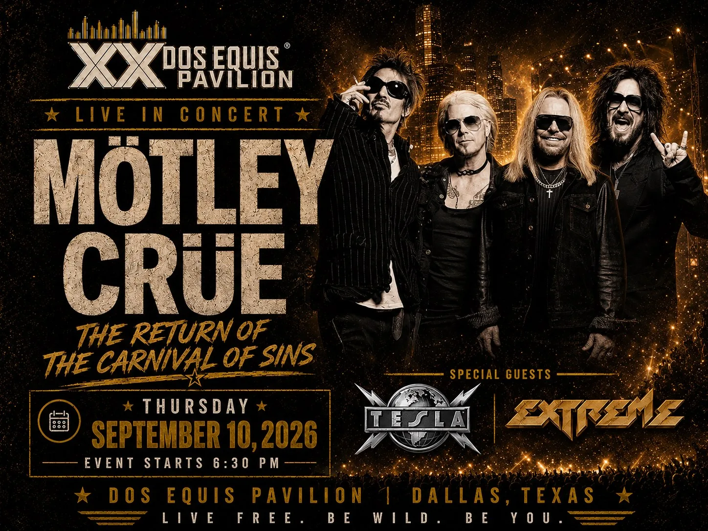 Mötley Crüe with Tesla & Extreme at Dos Equis Pavilion Fair Park Dallas Thursday, September 10, 2026 black car service