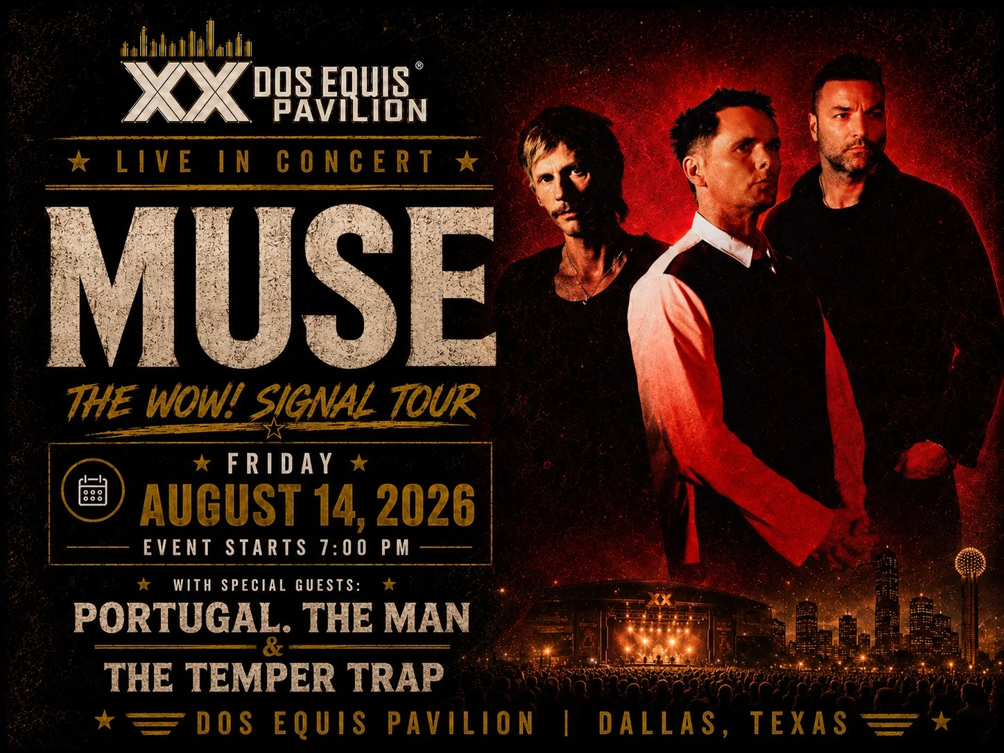 Muse with Portugal. The Man & The Temper Trap at Dos Equis Pavilion Fair Park Dallas Friday, August 14, 2026 black car service