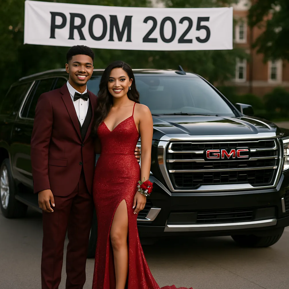 Prom group photo in front of luxury black SUV for Tarrant County high school prom transportation Carroll ISD Keller ISD HEB ISD FWISD