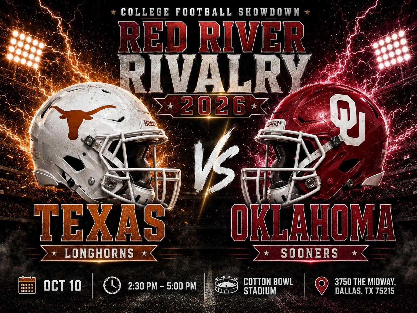 Red River Rivalry 2026 — Texas Longhorns vs Oklahoma Sooners at Cotton Bowl Stadium, Fair Park Dallas, Saturday October 10, 2026 black car service