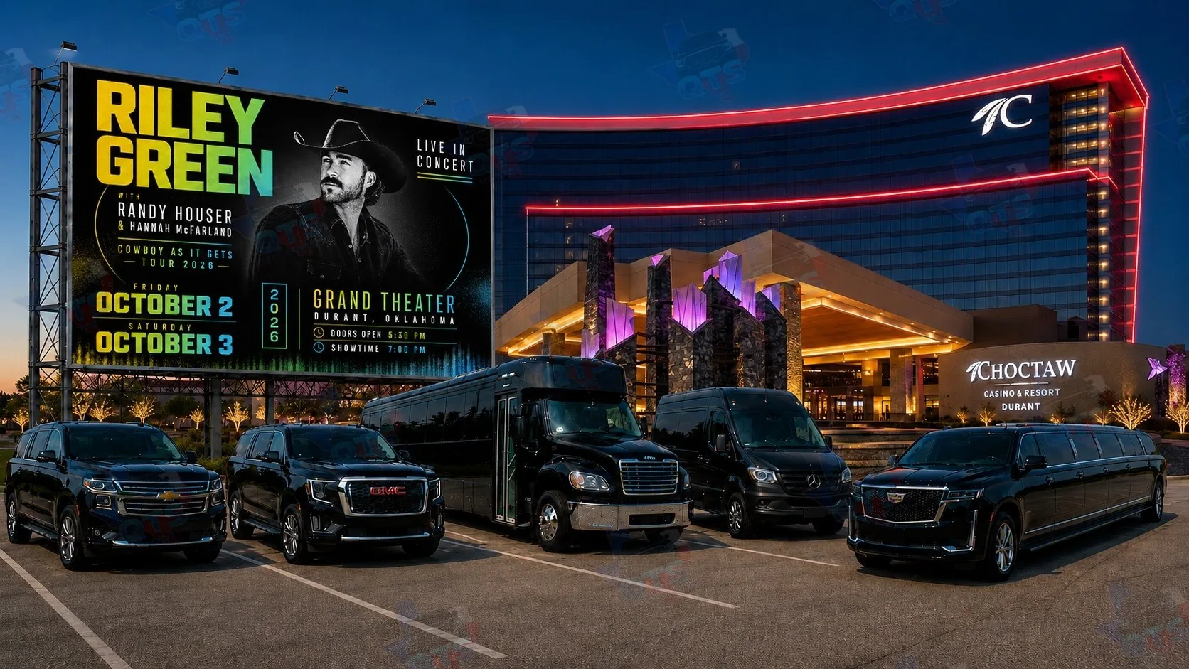 Riley Green with Randy Houser & Hannah McFarland at The Grand Theater at Choctaw Casino & Resort Durant OK Friday, October 2, 2026 and Saturday, October 3, 2026 black car service