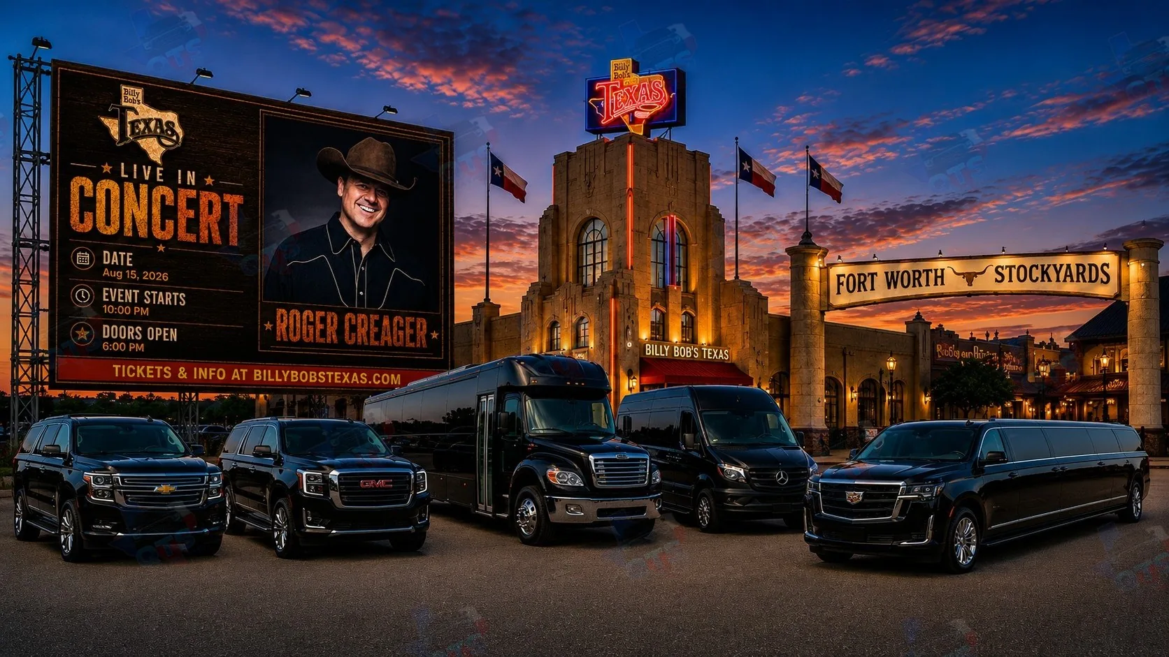 Roger Creager at Billy Bob's Texas Fort Worth Stockyards Saturday, August 15, 2026 black car service