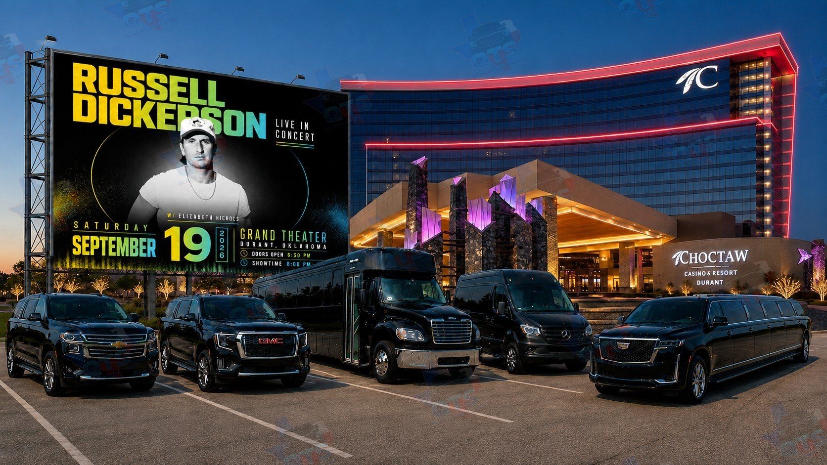Russell Dickerson with Elizabeth Nichols at The Grand Theater at Choctaw Casino & Resort Durant OK Saturday, September 19, 2026 black car service