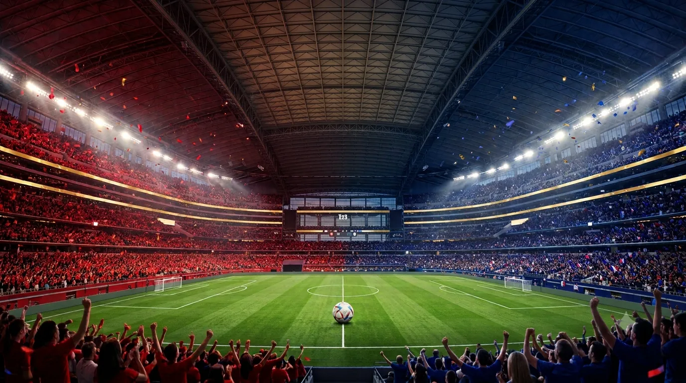 Spain vs France FIFA World Cup 2026 Semi-Final crowd split in red and blue at Dallas Stadium AT&T Stadium Arlington Texas July 14 2026