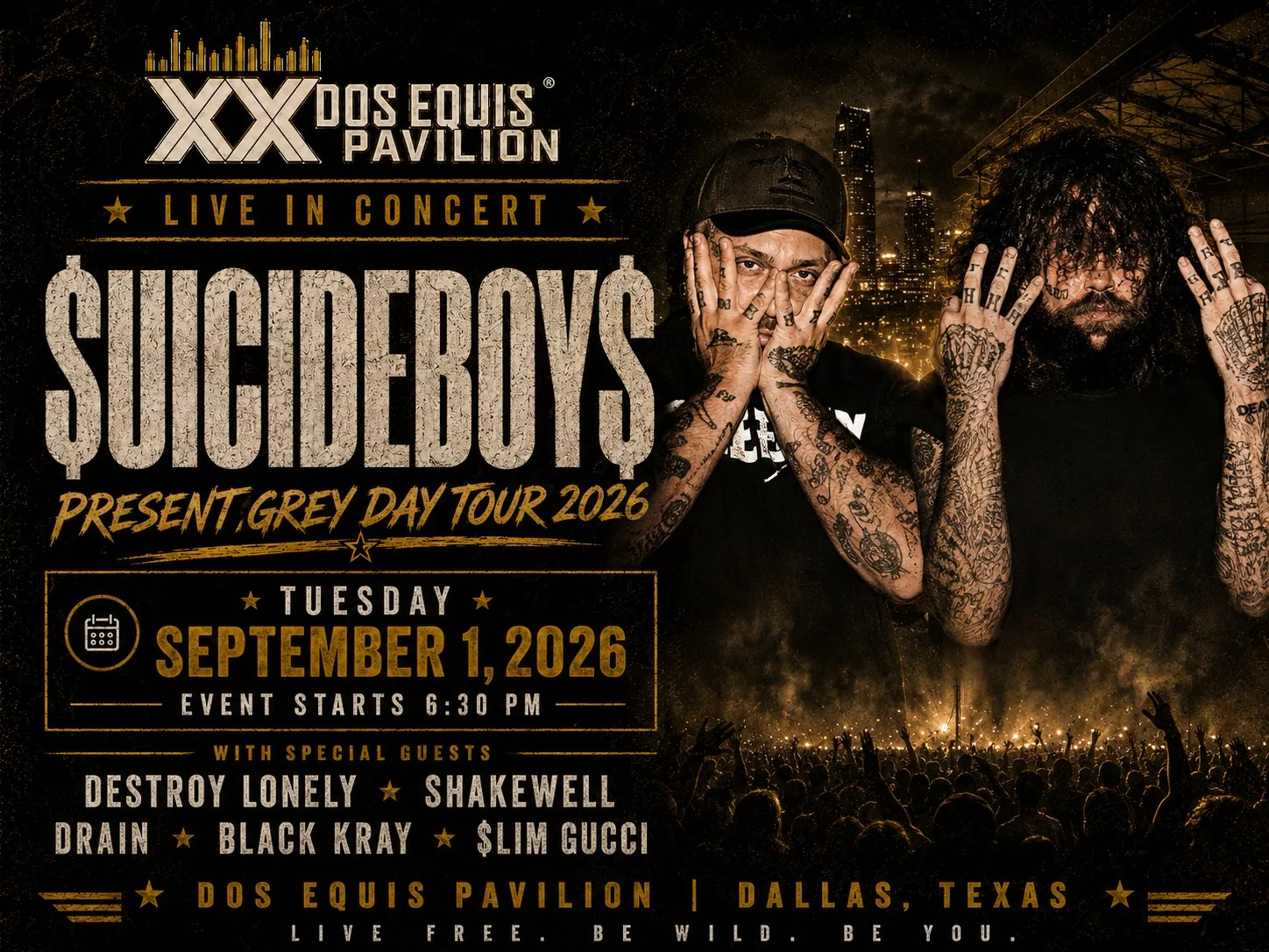 Suicideboys with Destroy Lonely, Shakewell, Drain, Black Kray & $lim Gucci at Dos Equis Pavilion Fair Park Dallas Tuesday, September 1, 2026 black car service