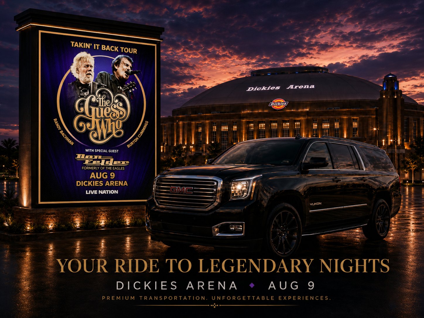 Dickies Arena Fort Worth — black car service for The Guess Who August 9 2026