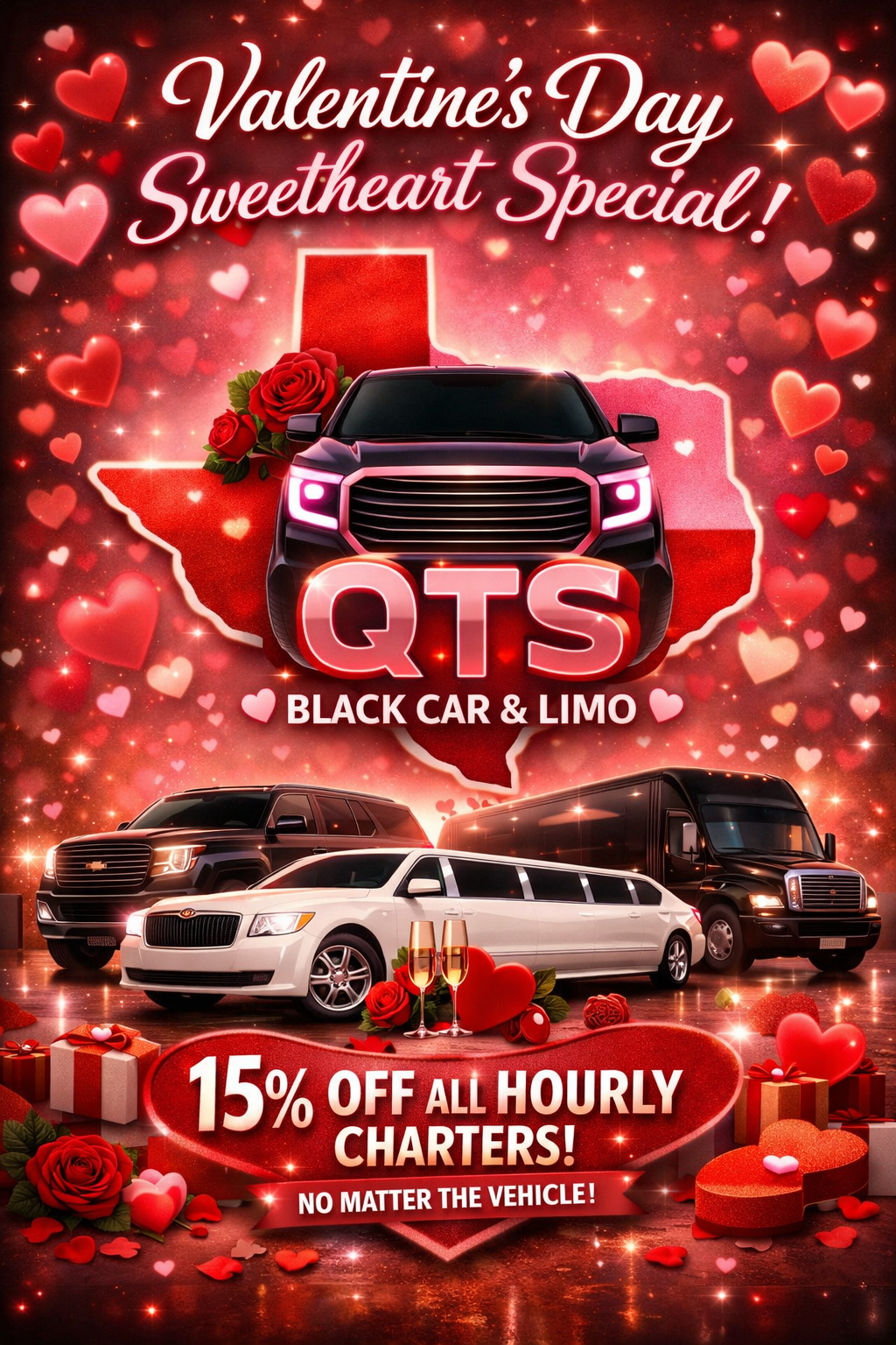 Valentine’s Day Sweetheart Special: 15% off hourly chauffeur service in DFW
