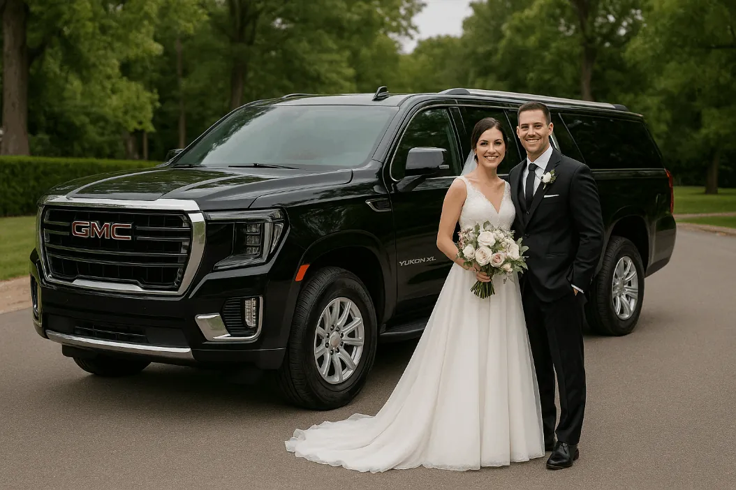 Bride and groom standing next to a luxury wedding vehicle in Collin County