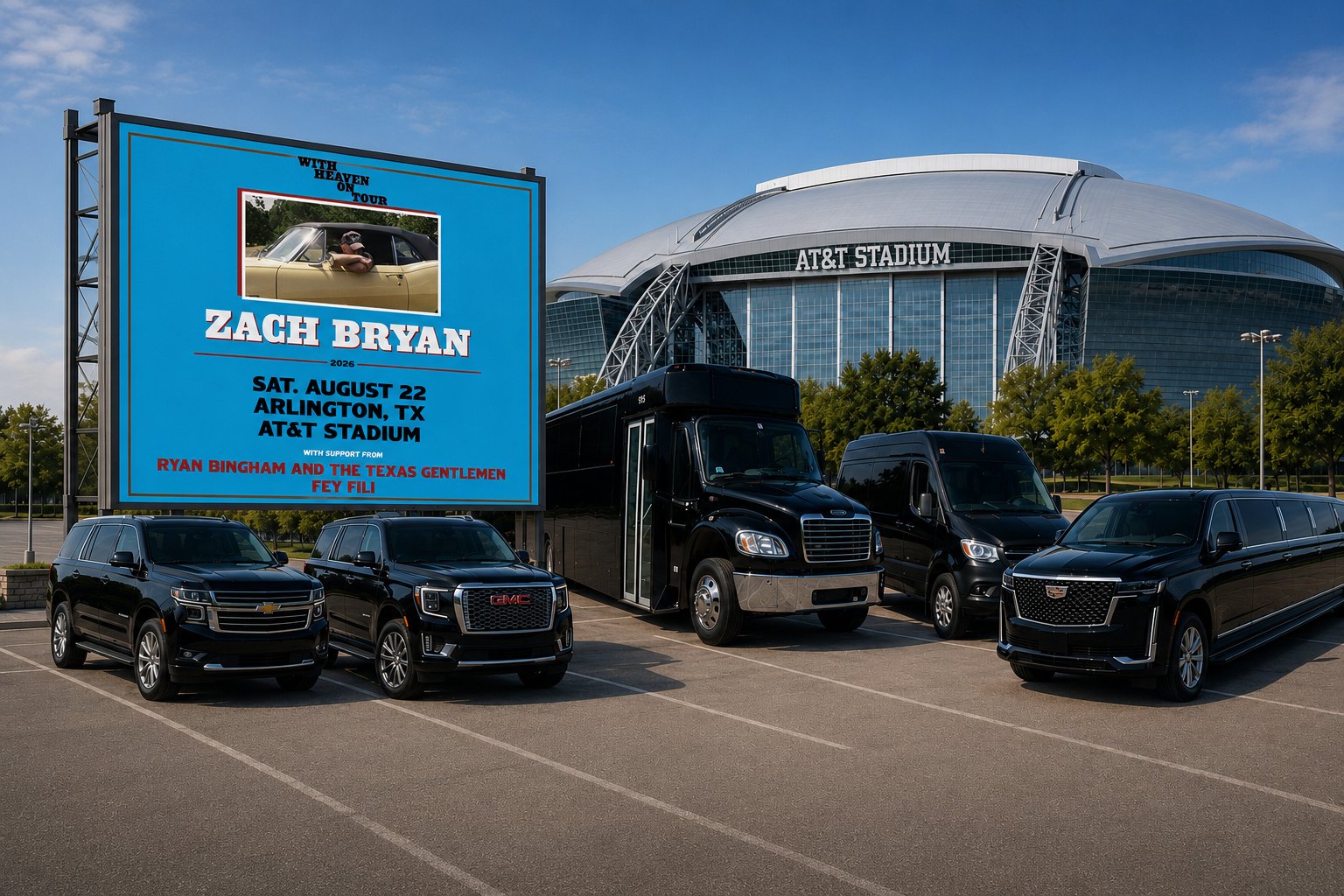 AT&T Stadium Arlington — black car & limo service for Zach Bryan August 22 2026